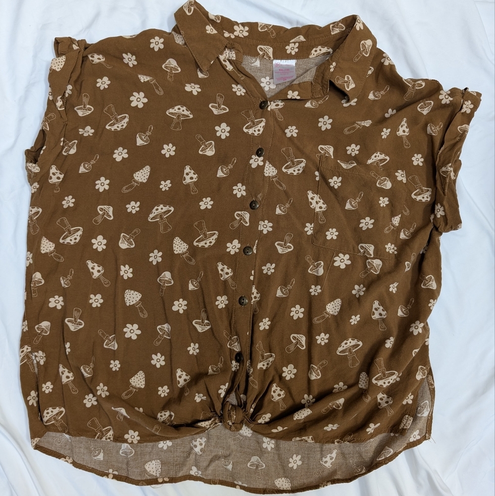 Brown Button-Up Shirt with Floral and Mushroom Print